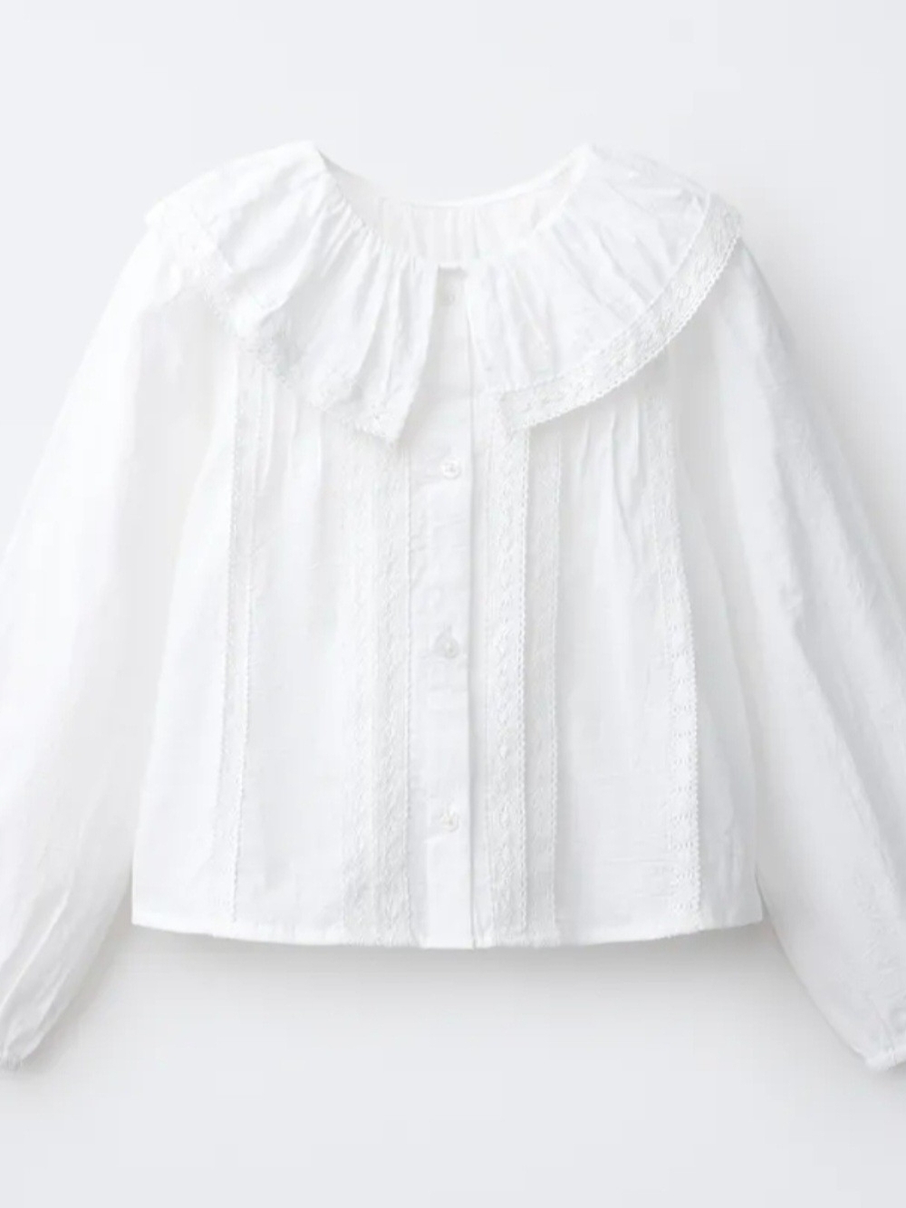 Zara Cream Embroidered Collar Button-Up Blouse Peter Pan Cropped